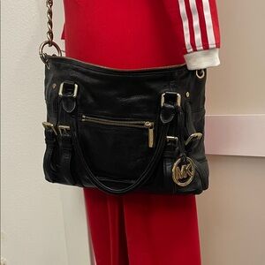 Michael Kors Black Leather Shoulder Bag with Gold Hardware and MK Charm